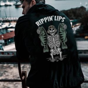 Men's Rippin Lips Skeleton Clutching Fishes Printed Hoodie