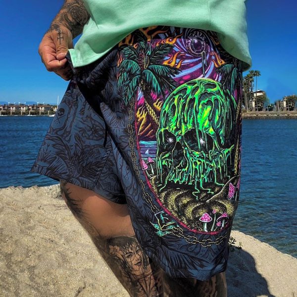 Mushroom Coconut Skull Printed Elastic-waistband Sports Shorts